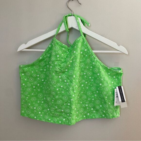 BP Halter Crop Top Neon Green Frosty Follard Floral Print Casual Neutral - Picture 2 of 10